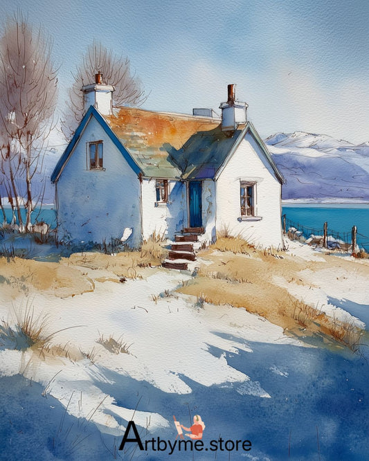 Peaceful Winter Lakeside Cottage – Minimalist Watercolor Printable Art