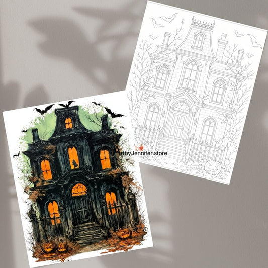 35 Whimsical Halloween Cottage Coloring Pages | Cozy Spooky Haunted Houses & Pumpkins