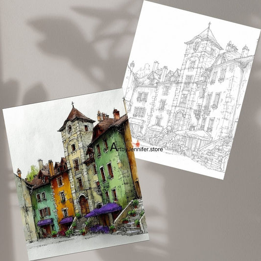 15 Colorful Town Scenes Watercolor Coloring Pages