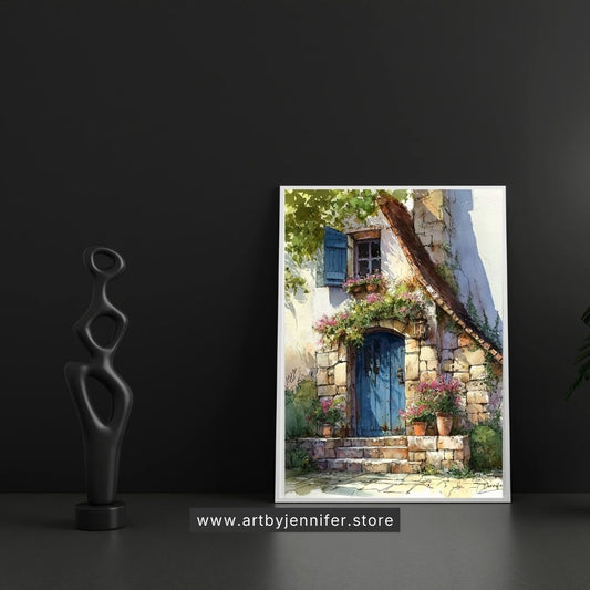 Sun-Drenched Stone Cottage - Watercolor Art Printable