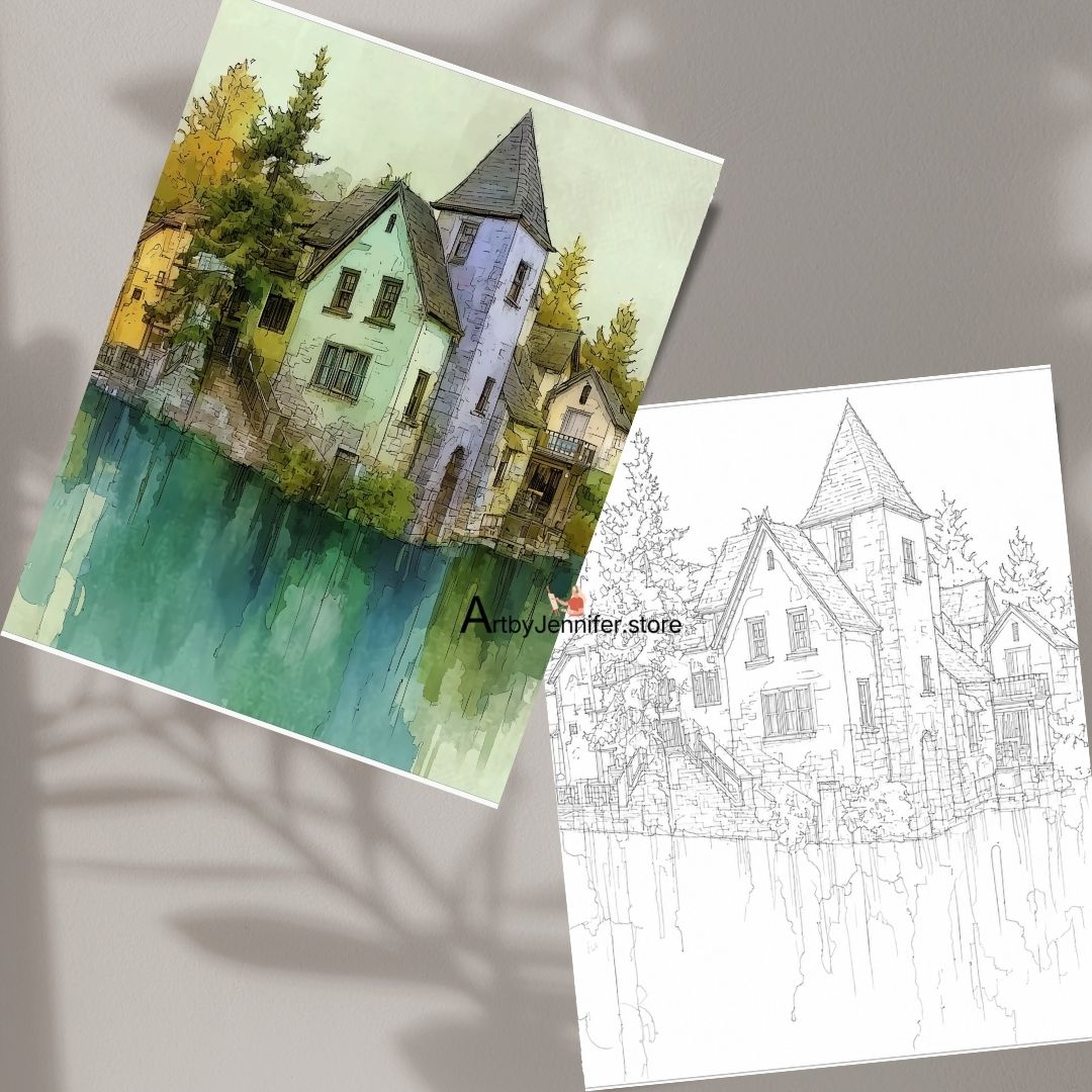 15 Colorful Town Scenes Watercolor Coloring Pages