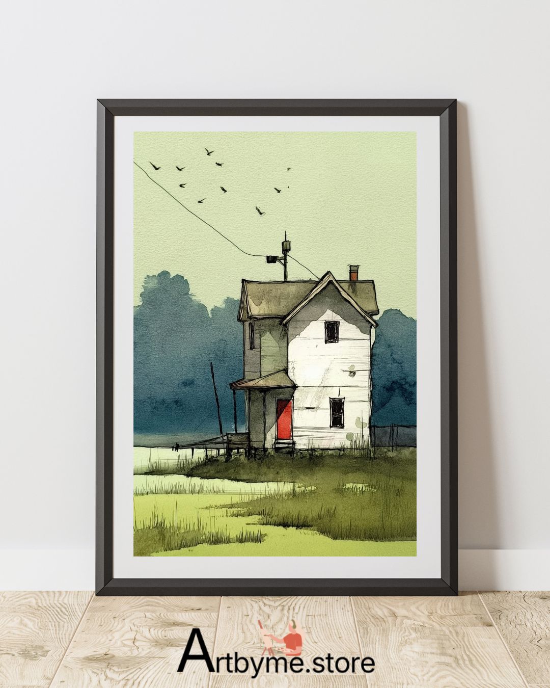 Lonely House with Red Door - Minimalist Watercolor Landscape Printable Wall Art