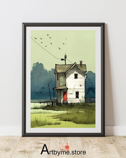 Lonely House with Red Door - Minimalist Watercolor Landscape Printable Wall Art