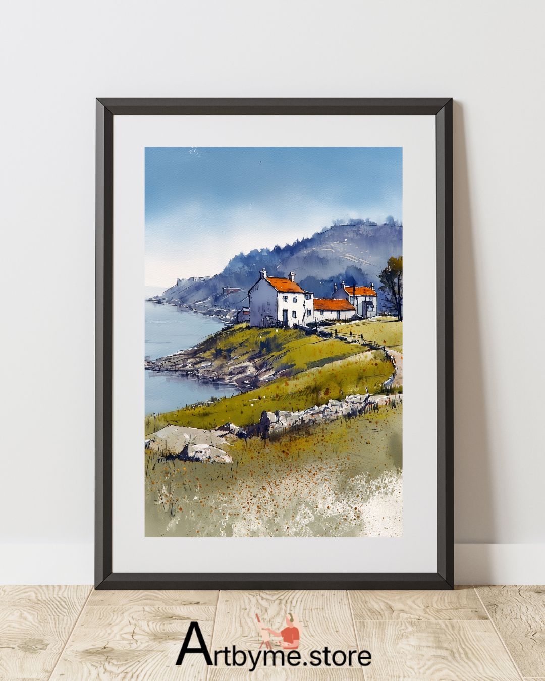 Red Roof Coastal Village Art – Scenic Watercolor Printable