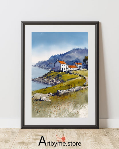 Red Roof Coastal Village Art – Scenic Watercolor Printable
