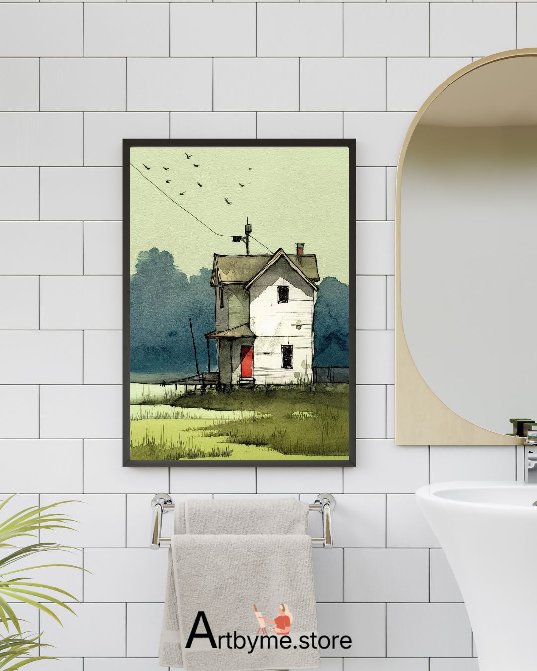 Lonely House with Red Door - Minimalist Watercolor Landscape Printable Wall Art