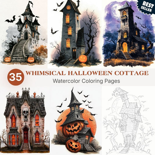 35 Whimsical Halloween Cottage Coloring Pages | Cozy Spooky Haunted Houses & Pumpkins