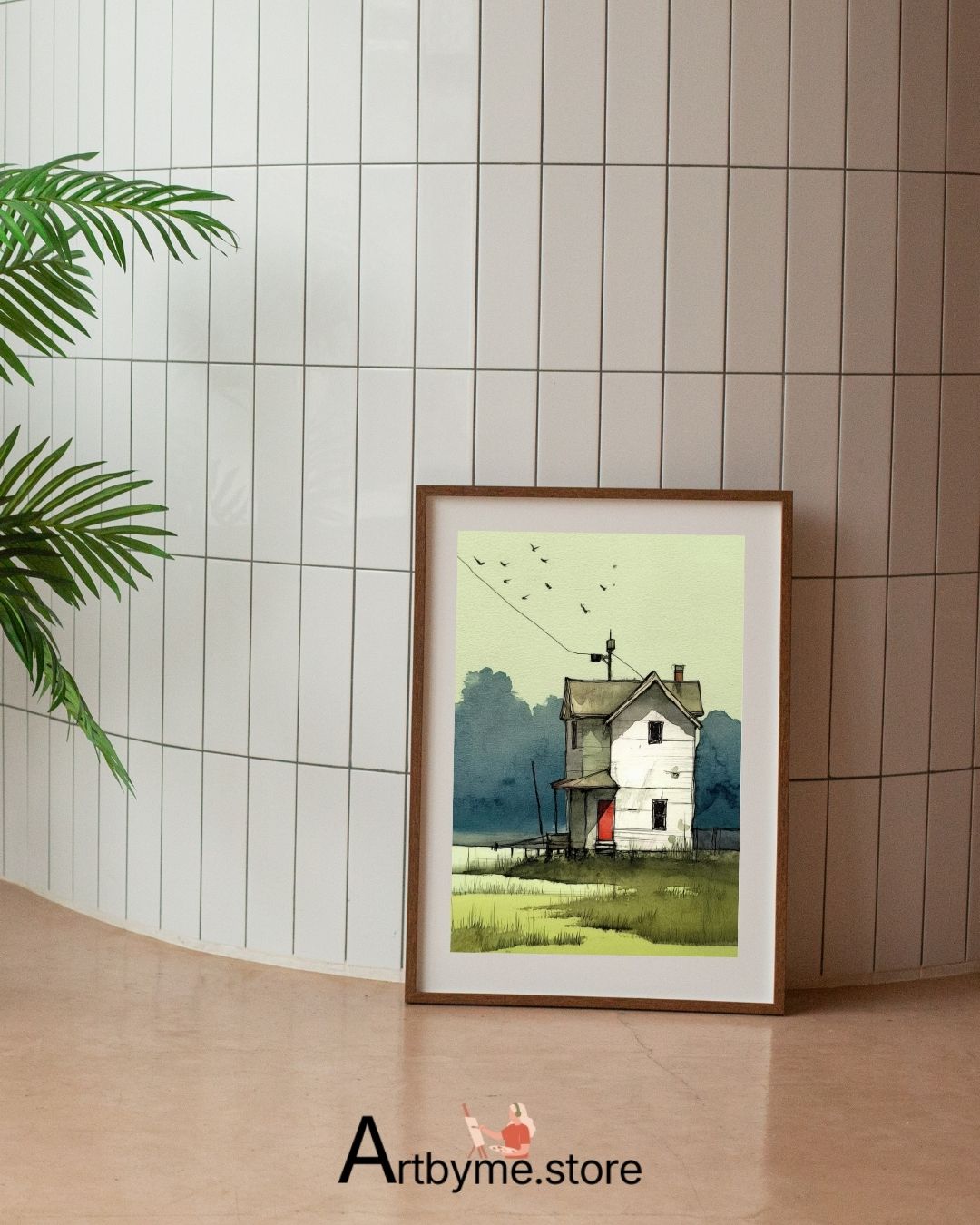 Lonely House with Red Door - Minimalist Watercolor Landscape Printable Wall Art